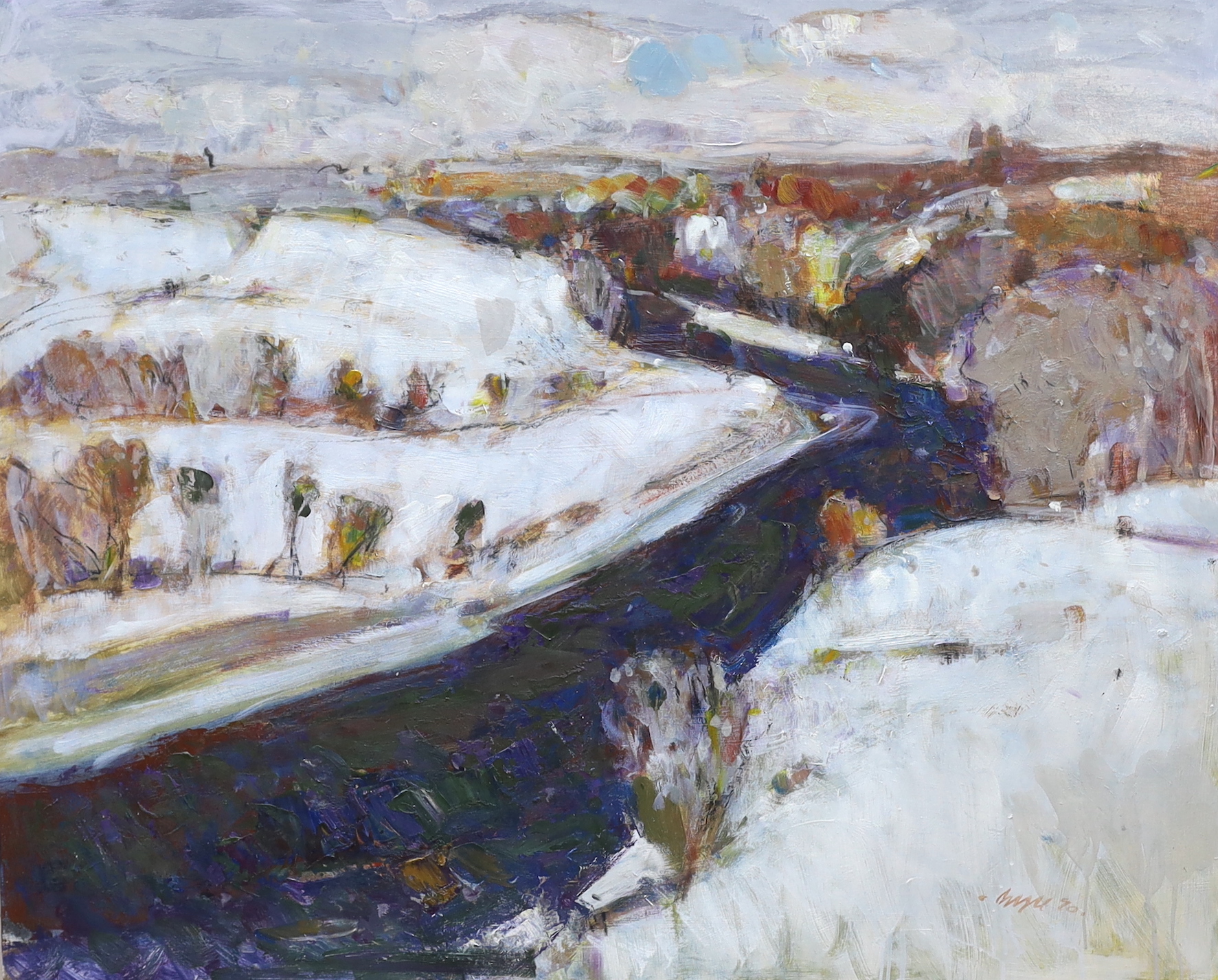 Gordon Bryce (b.1943), impressionist oil on board, 'Winter Maryculter, Aberdeen', signed and inscribed verso, 76 x 93cm